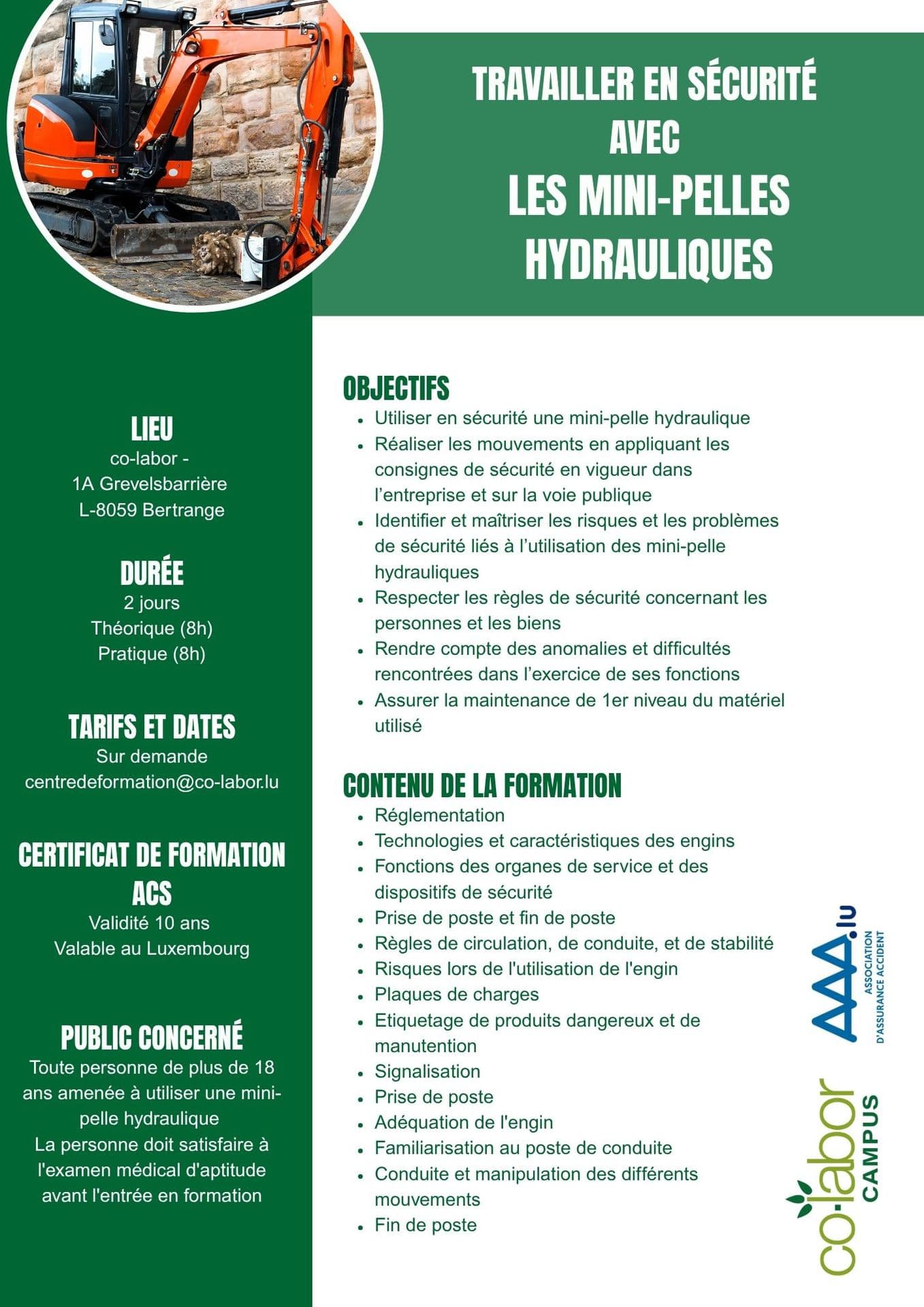 Formation mini pelle hydraulique