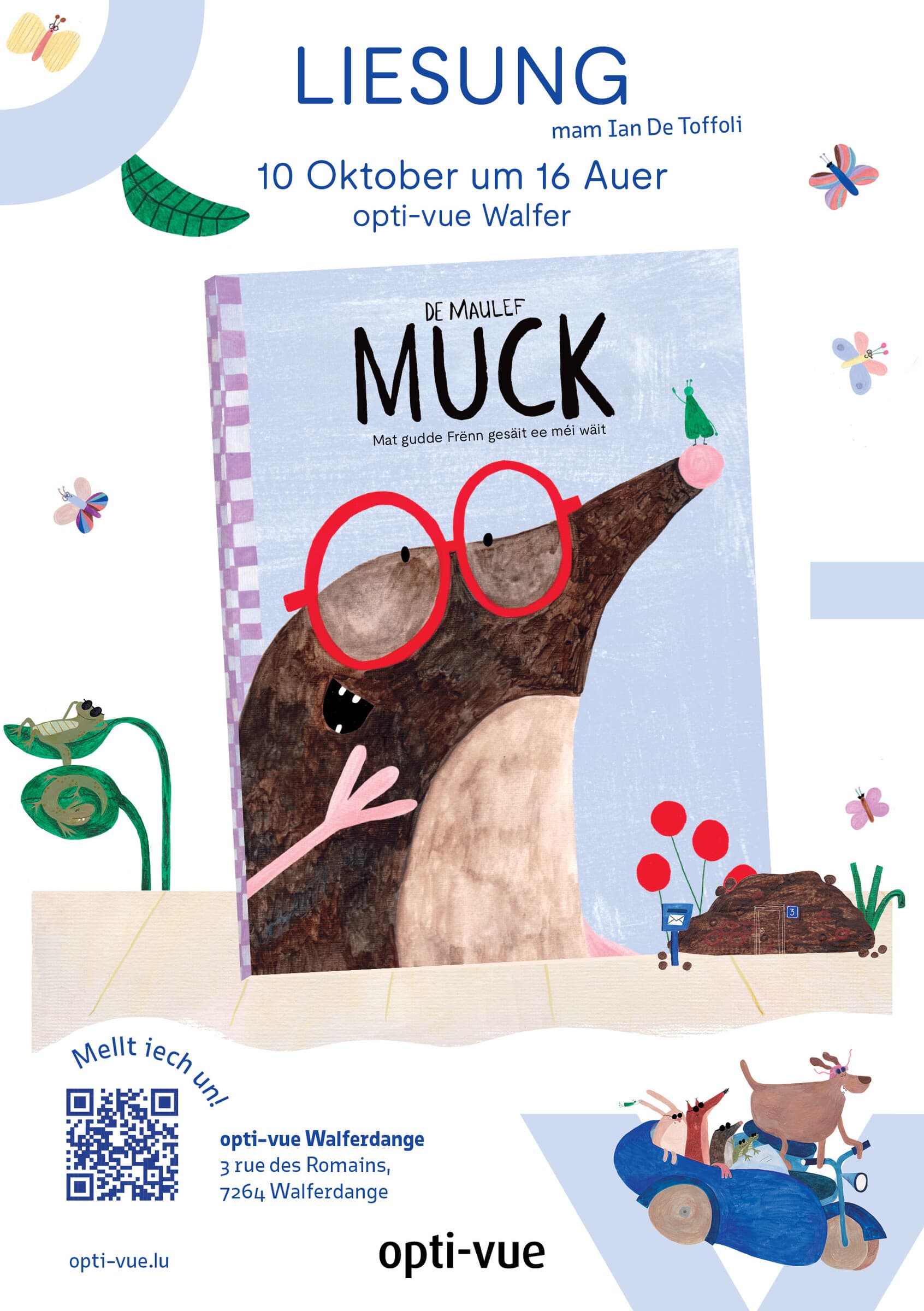 Reading of the book "De Maulef, Muck - Mat gudde Frënne gesäit ee méi wait"
