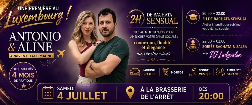 Pour la première fois au Luxembourg : Antonio & Aline | 2h d'ateliers Bachata Sensual • DJ Ladysalsa