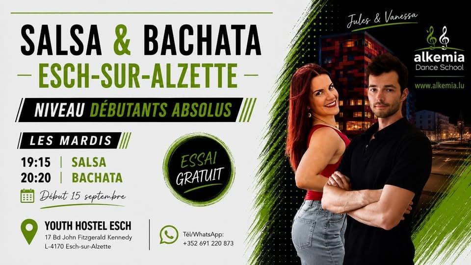 Nouveau trimestre de salsa et bachata à Esch-sur-Alzette, pour débutants les mardis – essai gratuit